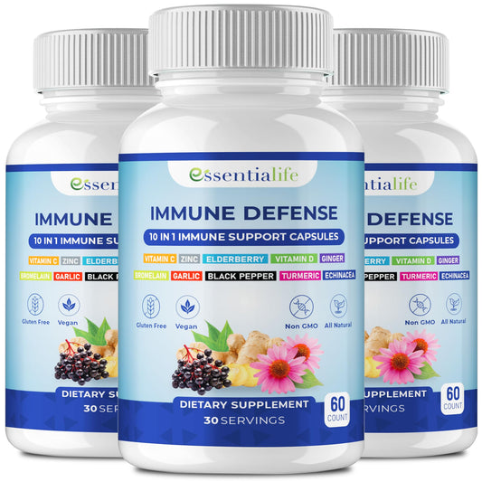 Essentialife Immune Support bottle front with capsules for daily immune support.