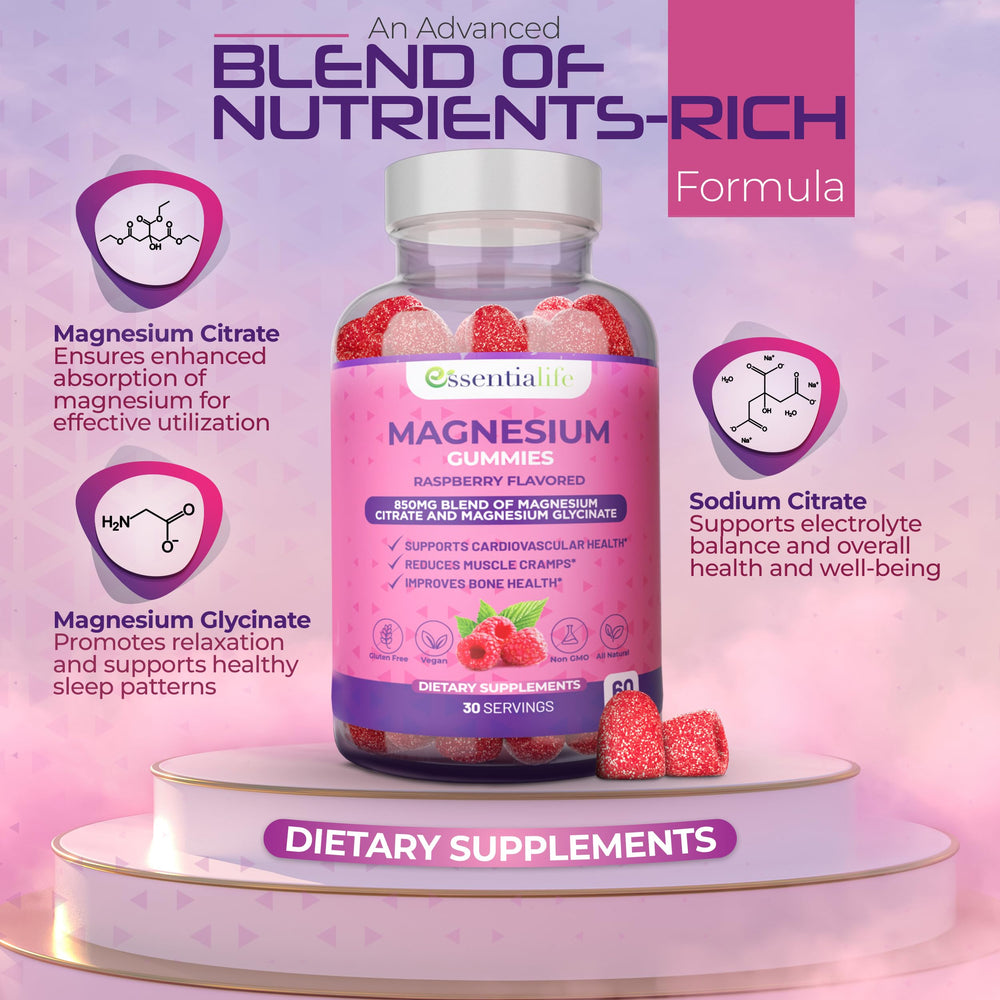 Essentialife Magnesium Gummies closeup texture highlighting chewy sweetness and color.