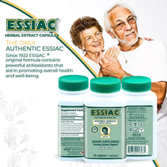 Essiac box packaging demonstrates a three-bottle set for ongoing use.