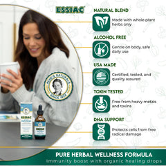 Essiac Drops bottle label showing organic herbal blend.