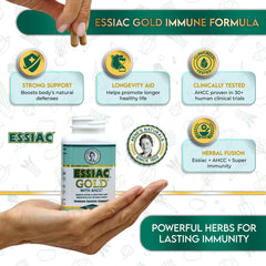 Essiac Gold label close-up with AHCC ingredients.