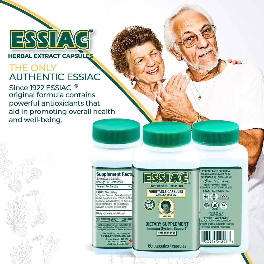 Essiac tea capsules bottle back shows dosage guidance and ingredients.