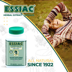 Essiac tea capsules capsule detail emphasizing 100% plant-based formula.