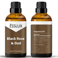 ESSLUX Black Rose & Oud fragrance oil label close-up for candles and soaps