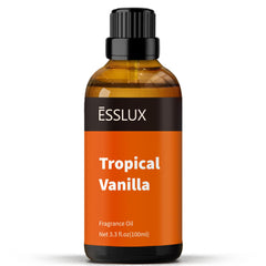 ESSLux Tropical Vanilla fragrance oil bottle in amber glass for lasting aroma.