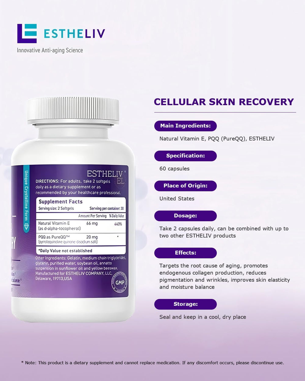 ESTHELIV foil packaging signals premium skincare supplement.