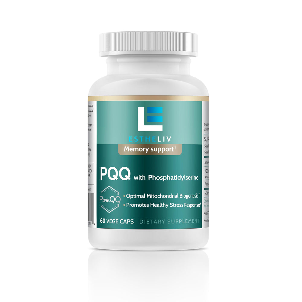 ESTHELIV PQQ bottle top view shows stable crystalline formula for daily vitality
