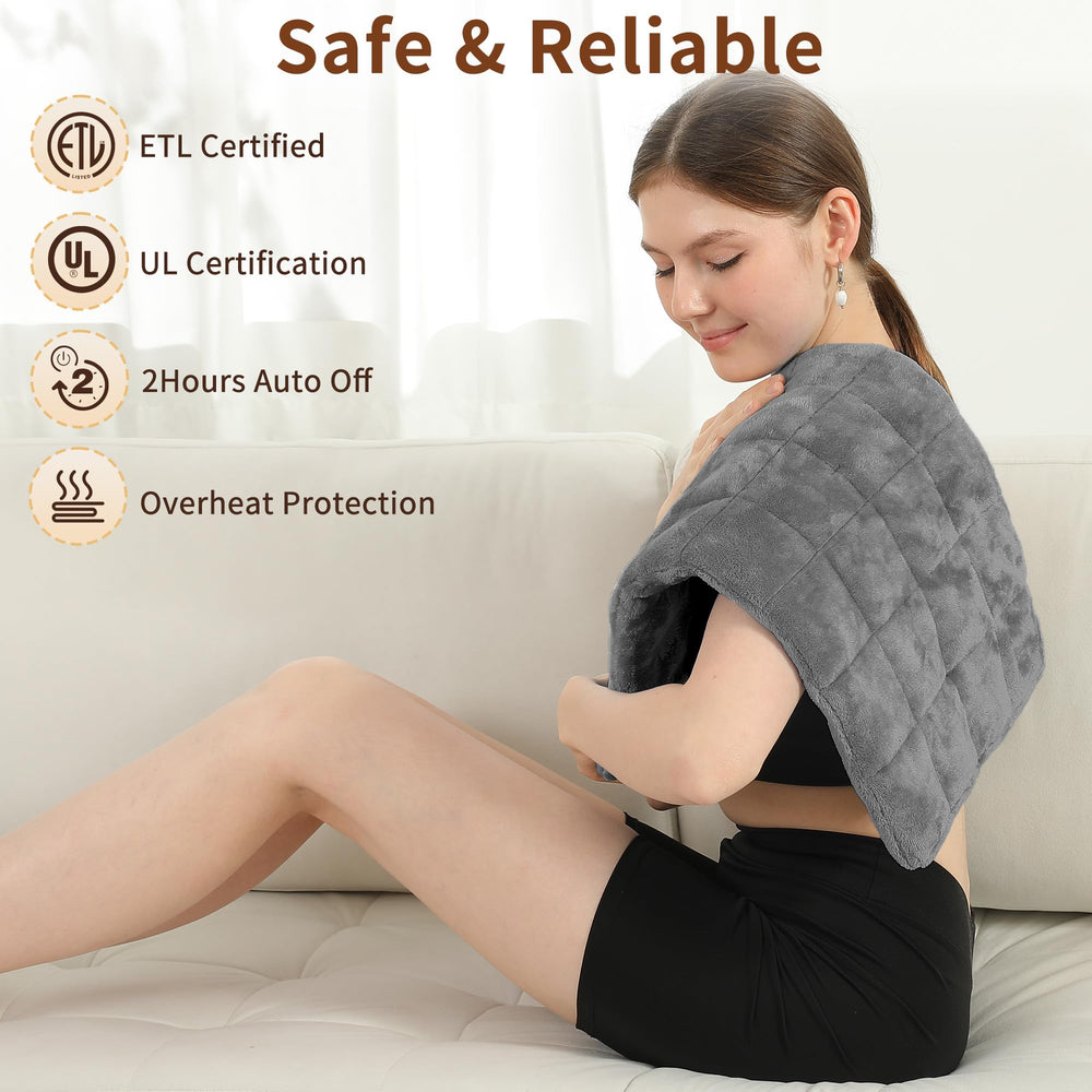 ESTINGO weighted heating pad controls show four heat levels and auto shut off.