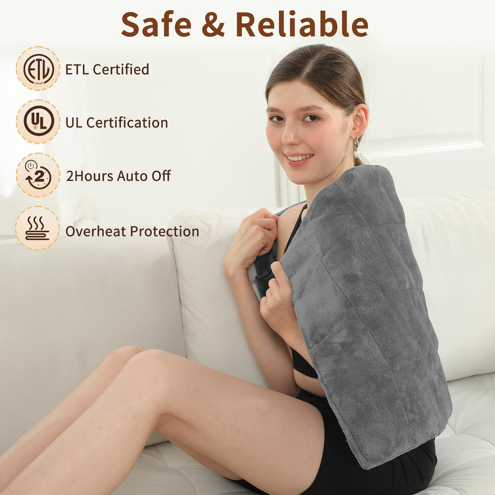 ESTINGO weighted heating pad large safety features include auto shut-off and certifications.