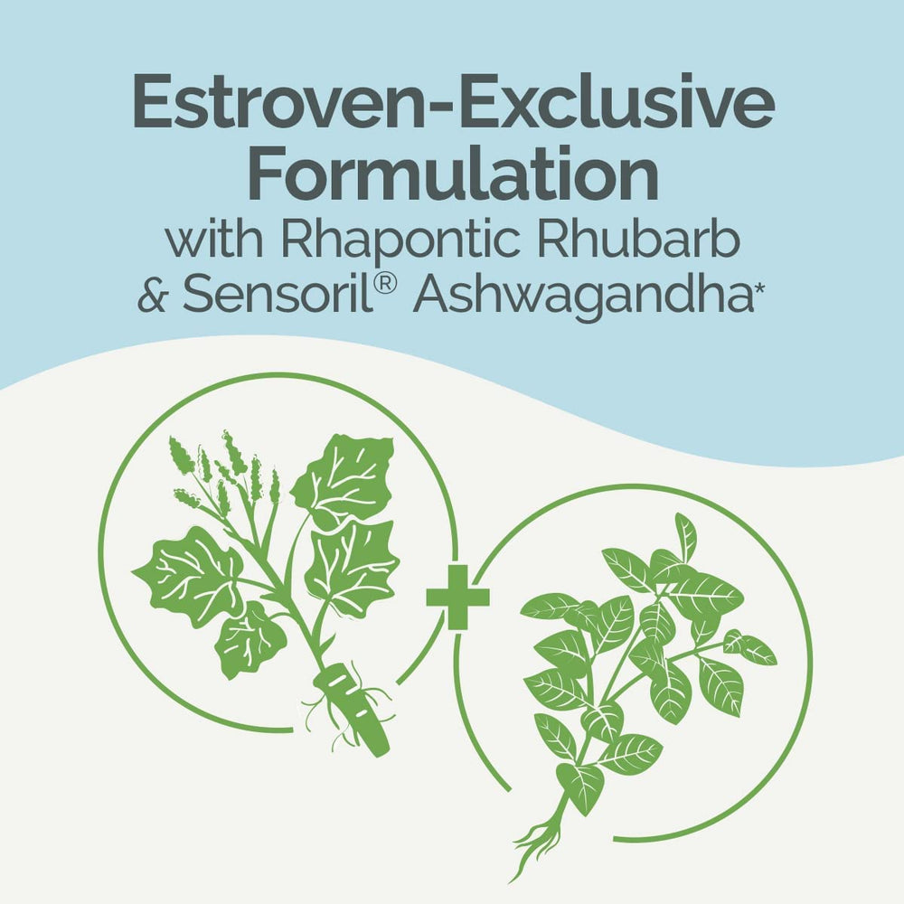 Ashwagandha-based stress relief cue beside Estroven Complete packaging.