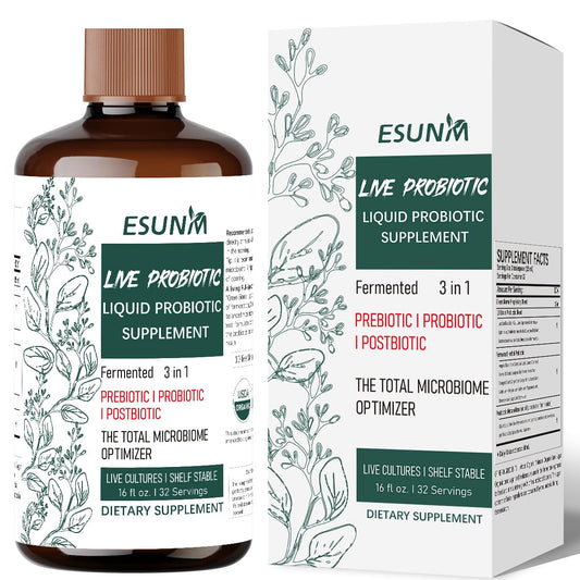 ESUNM 3-in-1 liquid probiotic bottle front promotes balanced digestion.