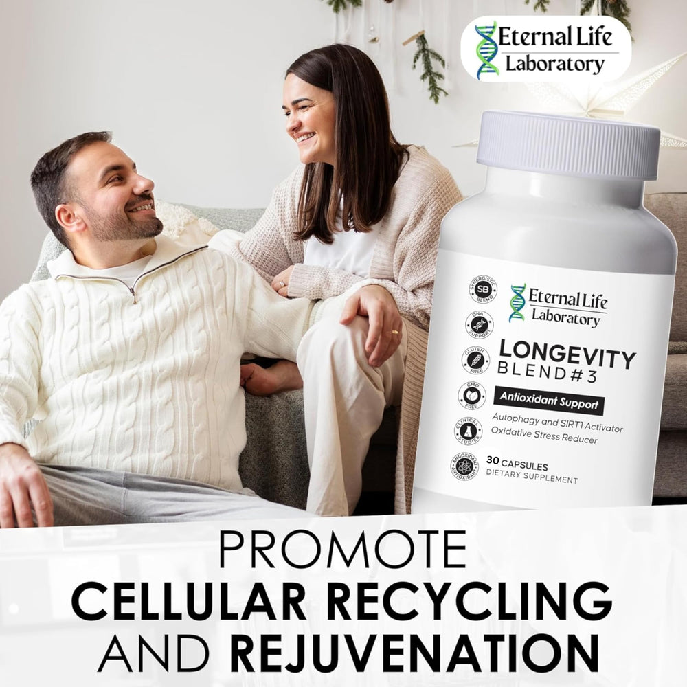 Eternal Life Laboratory Longevity Blend 3 usage scene with glass of water.