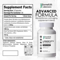Close-up of Eternal Life Laboratory probiotic capsules for daily use