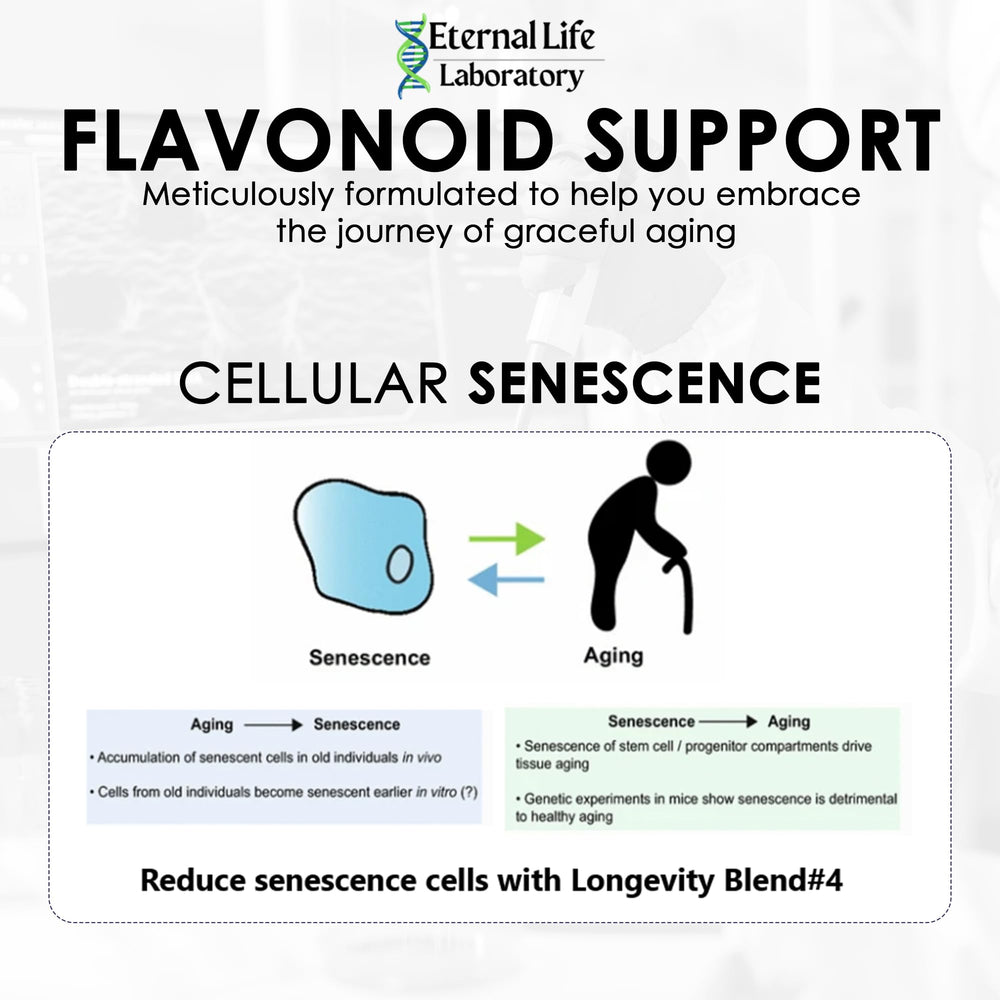 Capsules shown beside a minimalist health and longevity concept.