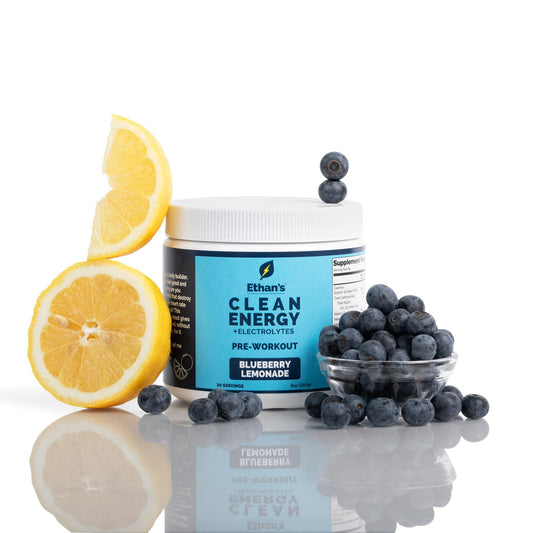 Ethan's Feel Good pre-workout blueberry lemonade bottle ready for training energy.