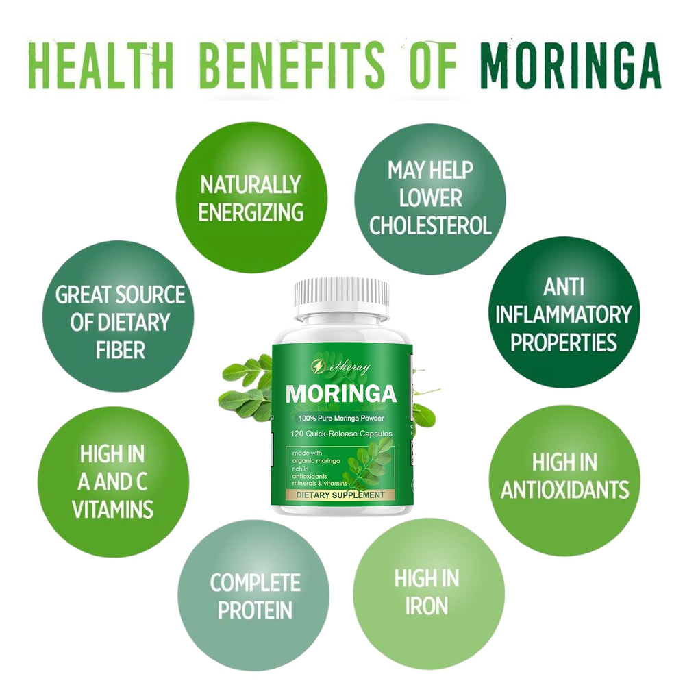 Ingredients panel lists 100% pure moringa leaf extract