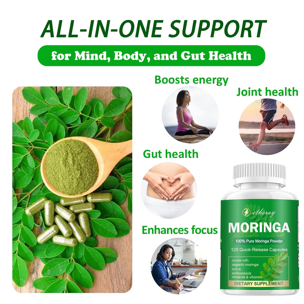 Close-up of Etheray moringa capsules showing pure extract