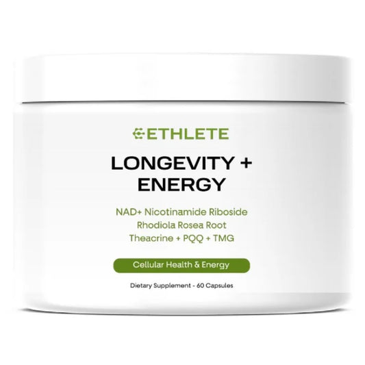 Ethlete NAD+ bottle-front promotes all-day energy and recovery support.