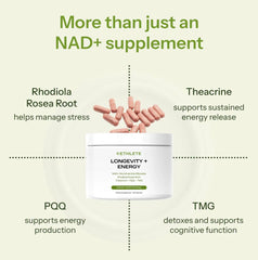 Ethlete NAD+ ingredients-list graphic features PQQ and NR for recovery.
