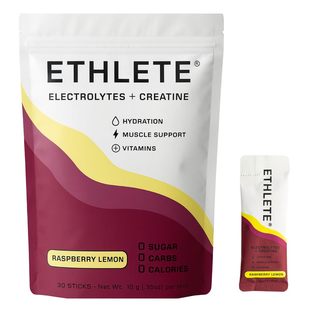 Ethlete Raspberry Lemon bottle shows a hydration-optimized electrolyte blend.