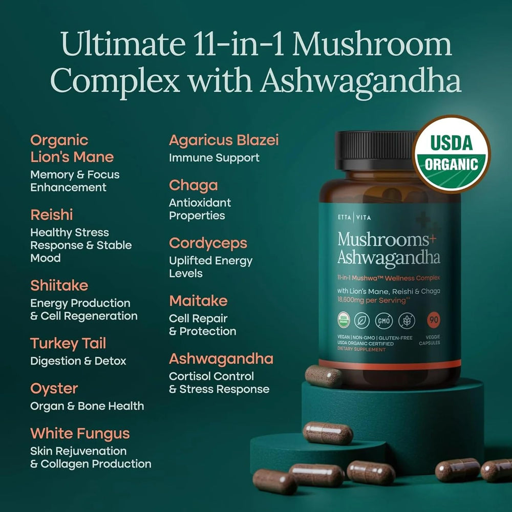 Etta Vita Ashwagandha mushroom capsules for adaptogenic balance.