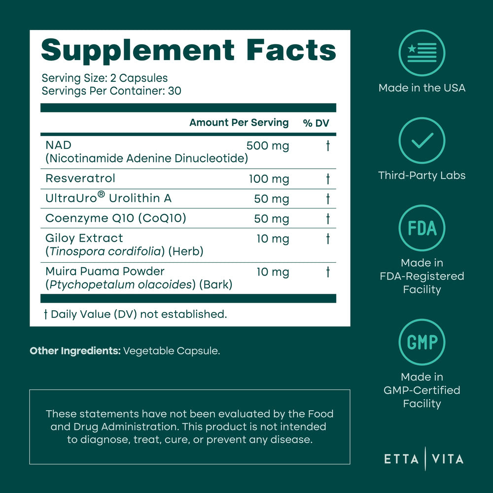 Etta Vita liposomal NAD+ label close-up reveals premium formulation.