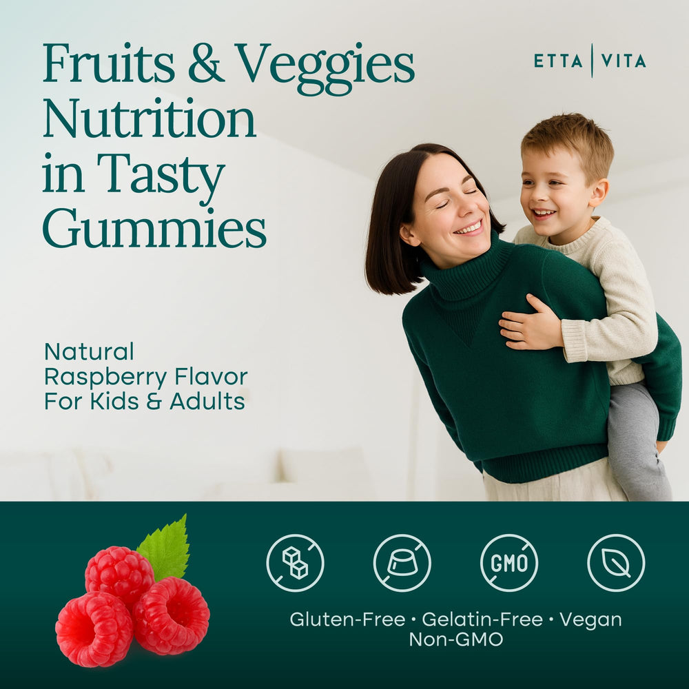 Etta Vita Super Greens Gummies jar close-up showing colorful texture for easy daily nutrition.