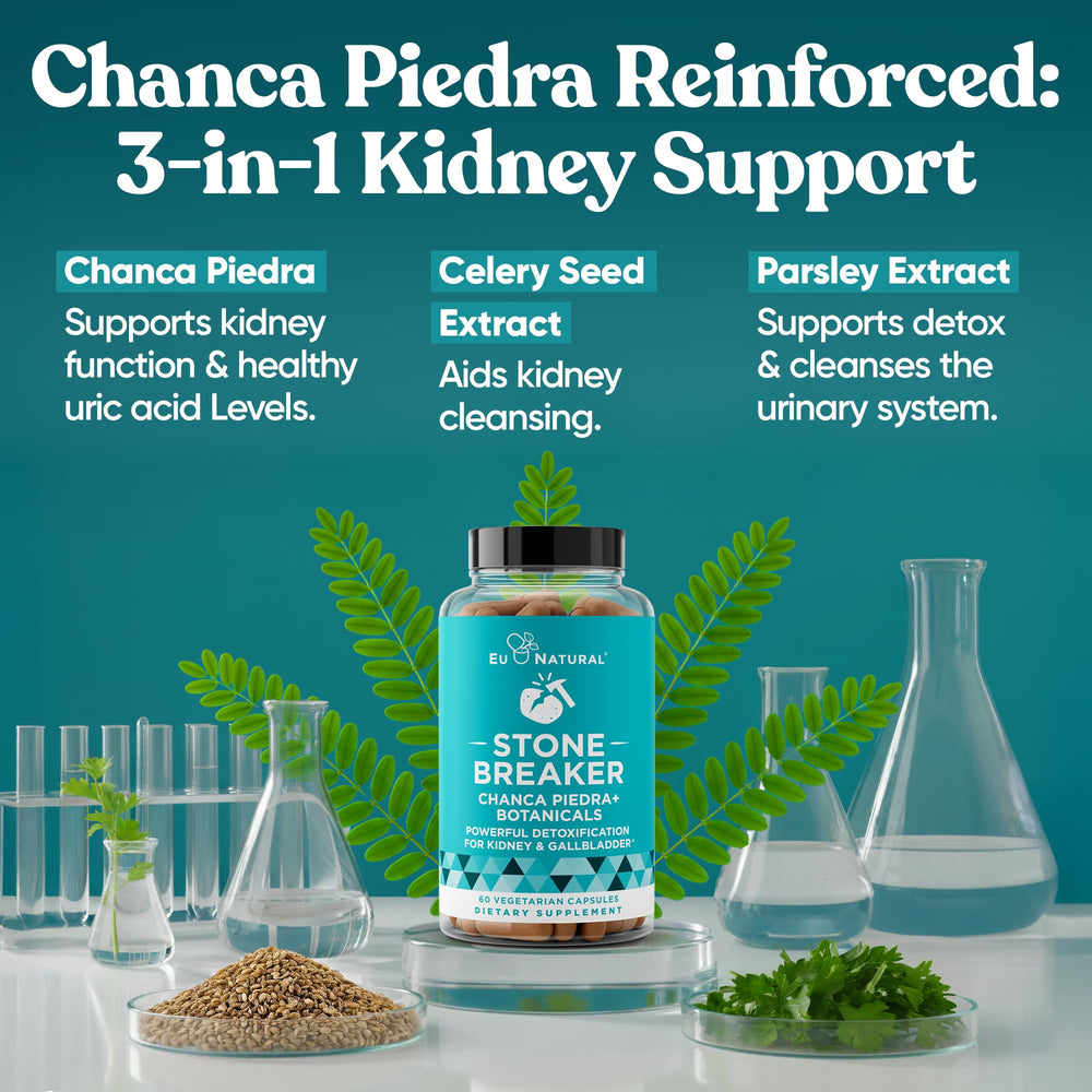 Eu Natural Chanca Piedra celery seed ingredient depiction emphasizing cleansing support.