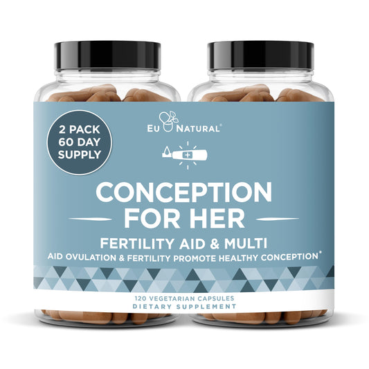 Eu Natural Conception for Her bottle label with vegan capsules for preconception support