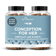 Eu Natural Conception for Her bottle label with vegan capsules for preconception support