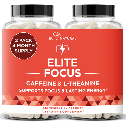 Eu Natural Elite caffeine pills bottle ready for steady focus
