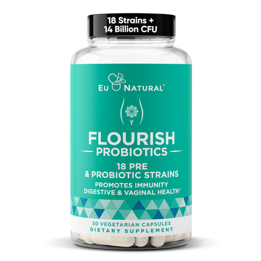 Eu Natural Flourish bottle shows women's probiotic blend for gut balance.