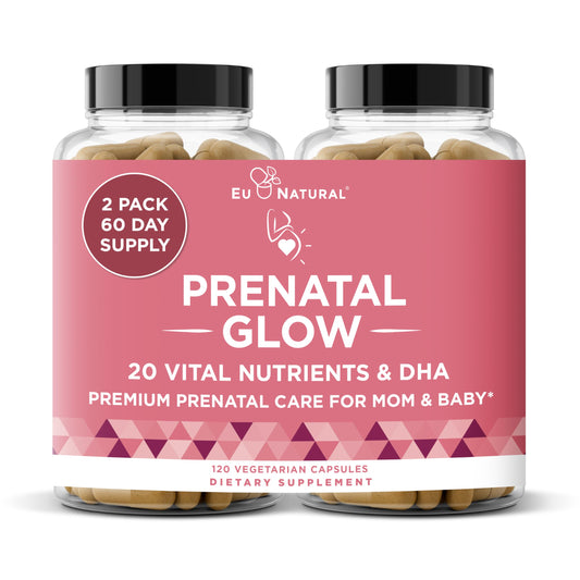 Eu Natural Glow bottle front view highlighting prenatal nutrition for expecting moms.