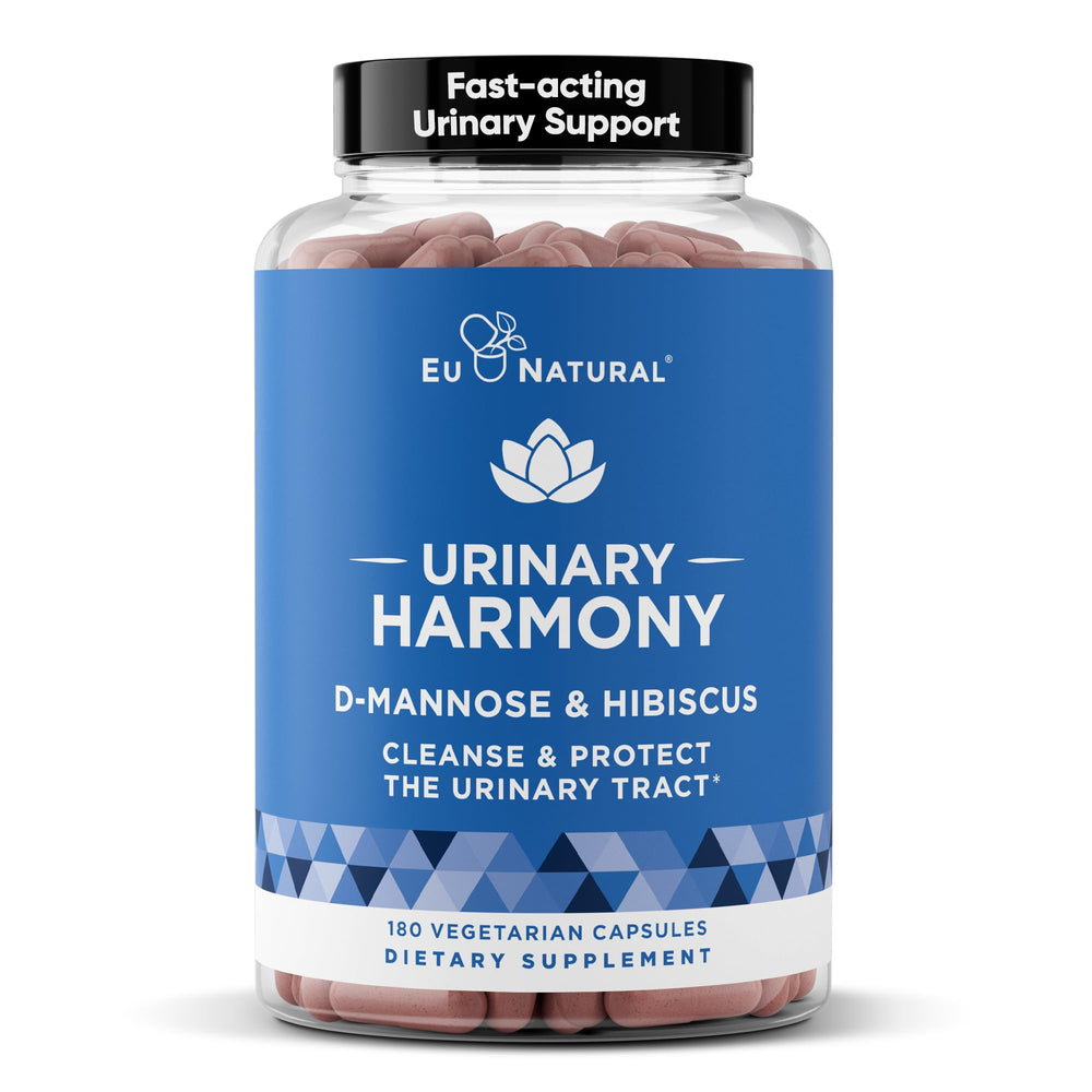 Eu Natural Urinary Harmony bottle with D-Mannose capsules supports daily urinary comfort.