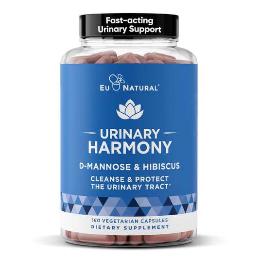 Eu Natural Urinary Harmony bottle with D-Mannose capsules supports daily urinary comfort.