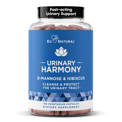 Eu Natural Urinary Harmony bottle with D-Mannose capsules supports daily urinary comfort.