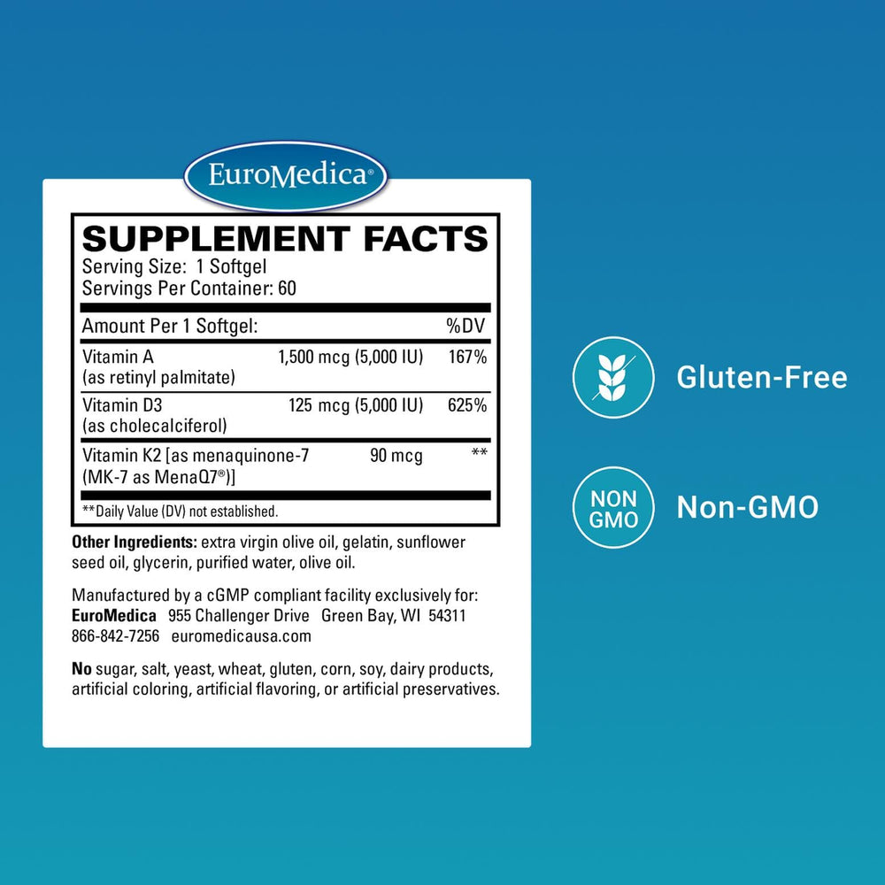 EuroMedica A•D•K2 Cardio Health capsules in bottle for convenient daily use.