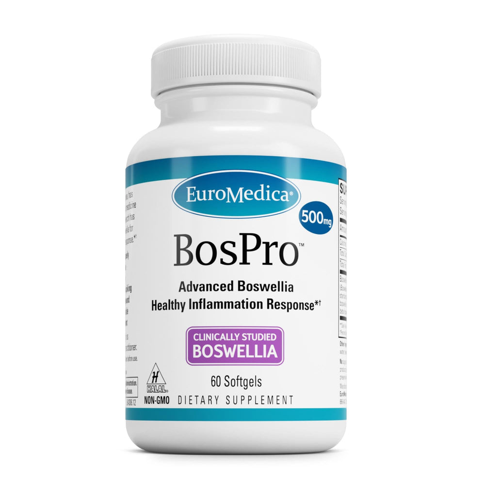 EuroMedica BosPro bottle pours softgels for daily lung support.