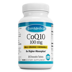 EuroMedica CoQ10 100 mg bottle promotes cellular energy support.