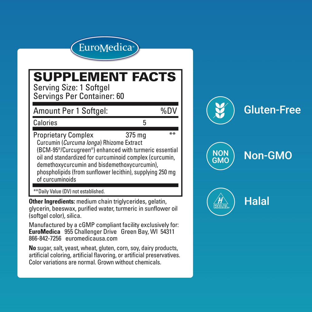 Euromedica CuraPro label close-up shows 375 mg softgels and turmeric source for premium formulation.