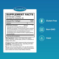 Euromedica CuraPro label close-up shows 375 mg softgels and turmeric source for premium formulation.