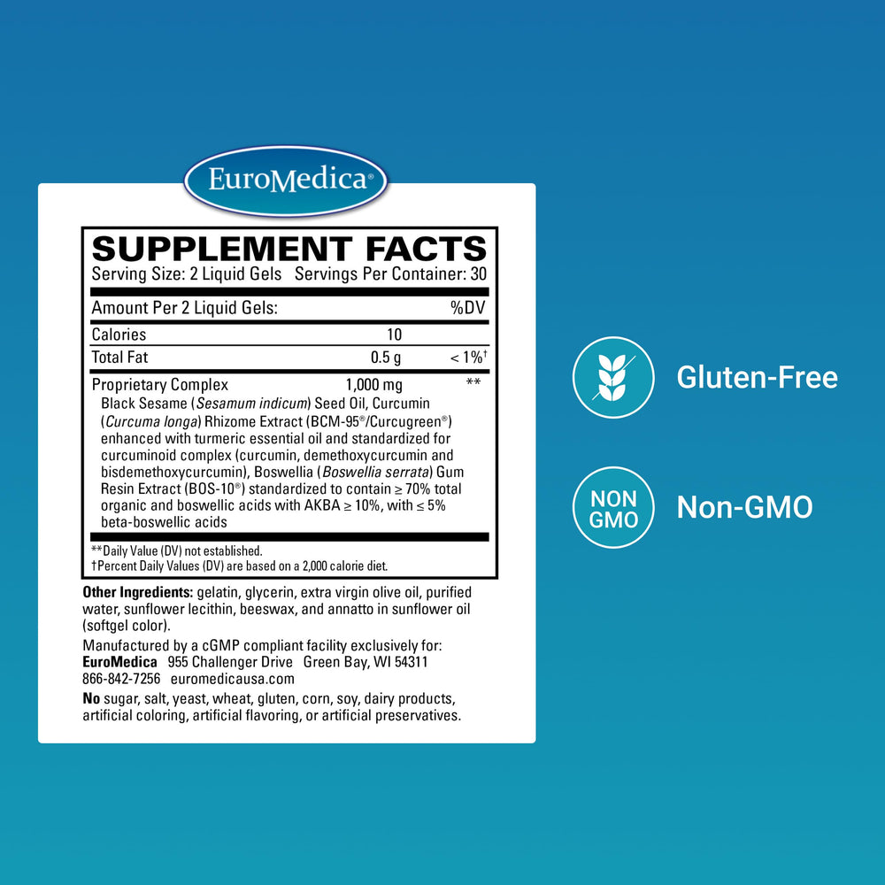 EuroMedica Curcumin Boswellia capsules on blister pack; convenient daily support.