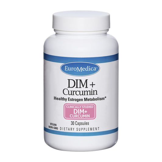 EuroMedica DIM Curcumin bottle front, signaling estrogen balance support for daily wellness.