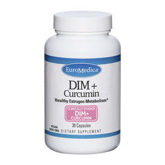 EuroMedica DIM Curcumin bottle front, signaling estrogen balance support for daily wellness.