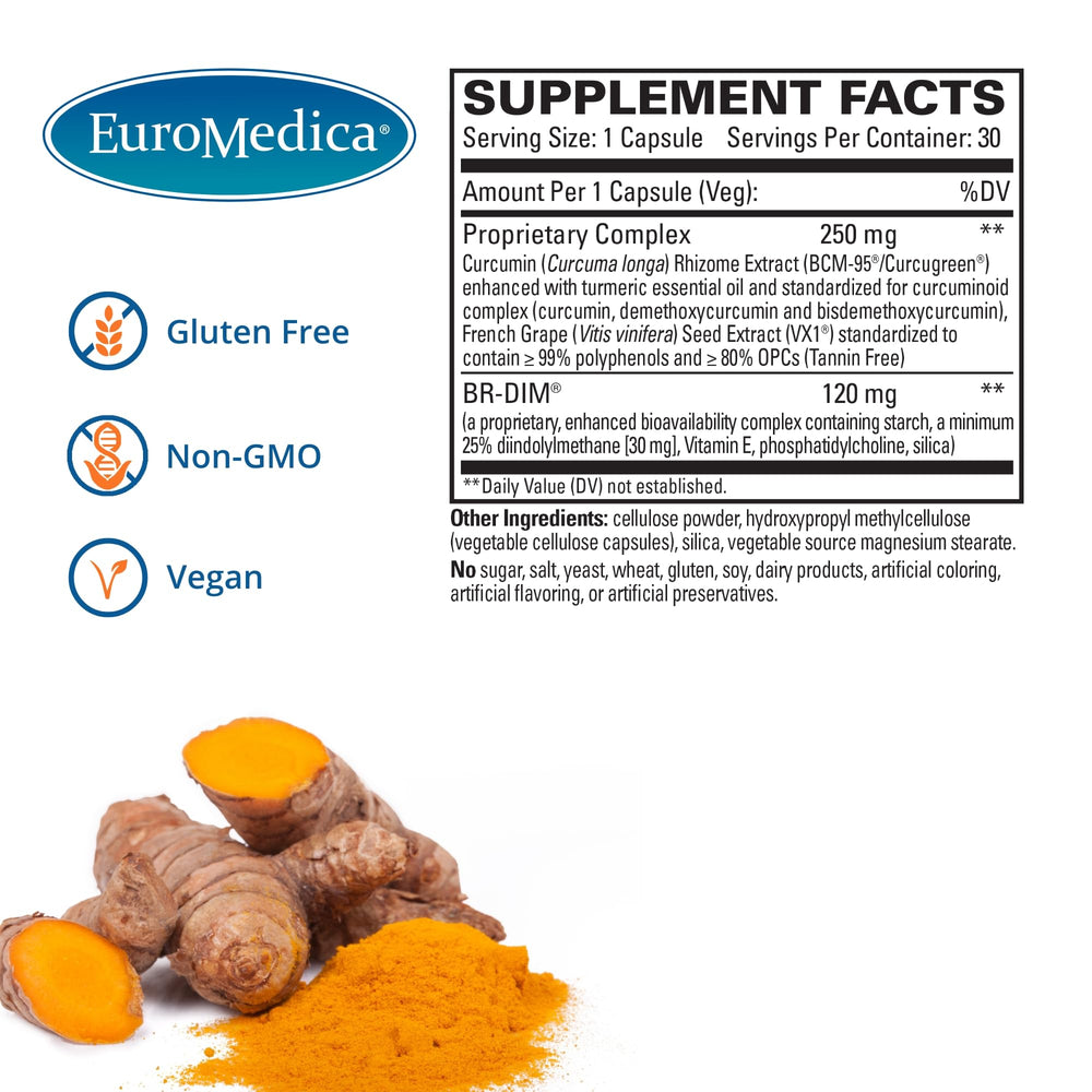 EuroMedica DIM Curcumin package highlighting turmeric and grape seed ingredients.