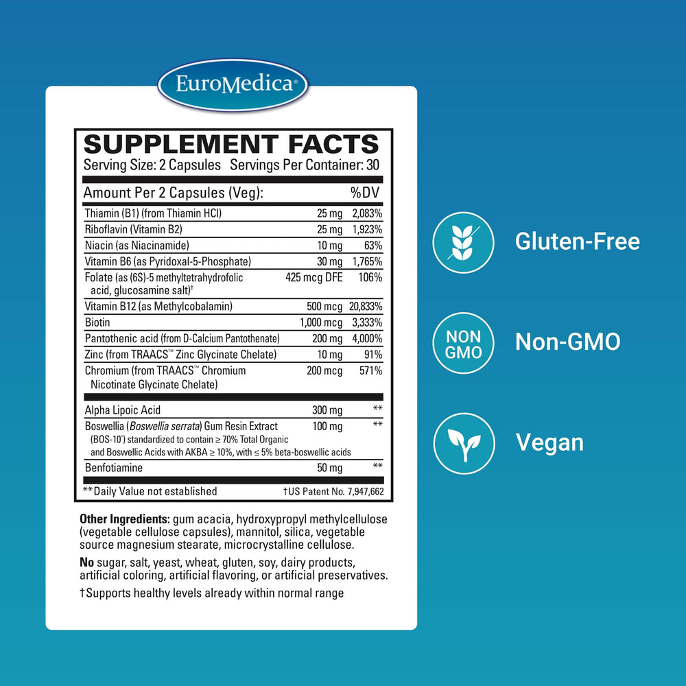 Closeup of EuroMedica Nerve Complex capsules highlighting vegan formula