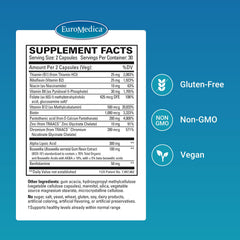 Closeup of EuroMedica Nerve Complex capsules highlighting vegan formula