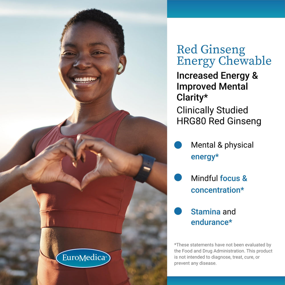 EuroMedica Red Ginseng Energy packaging showcases vegan, allergen-free formulation.