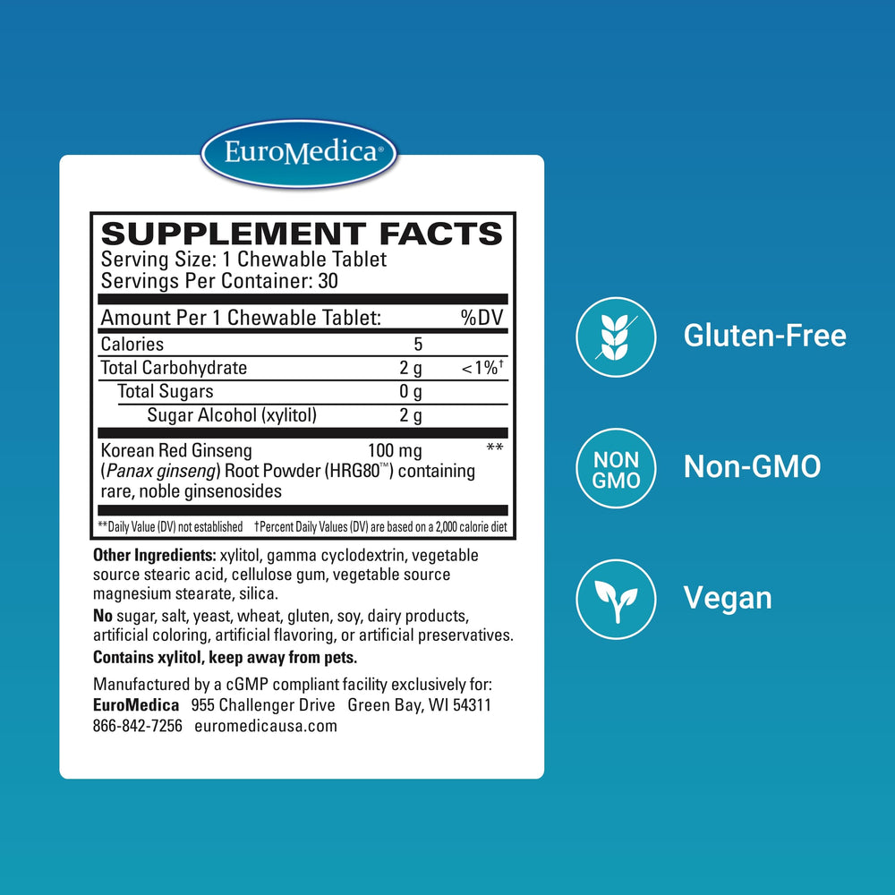 EuroMedica Red Ginseng Energy tablets close-up highlighting fast-absorbing ginsenosides.
