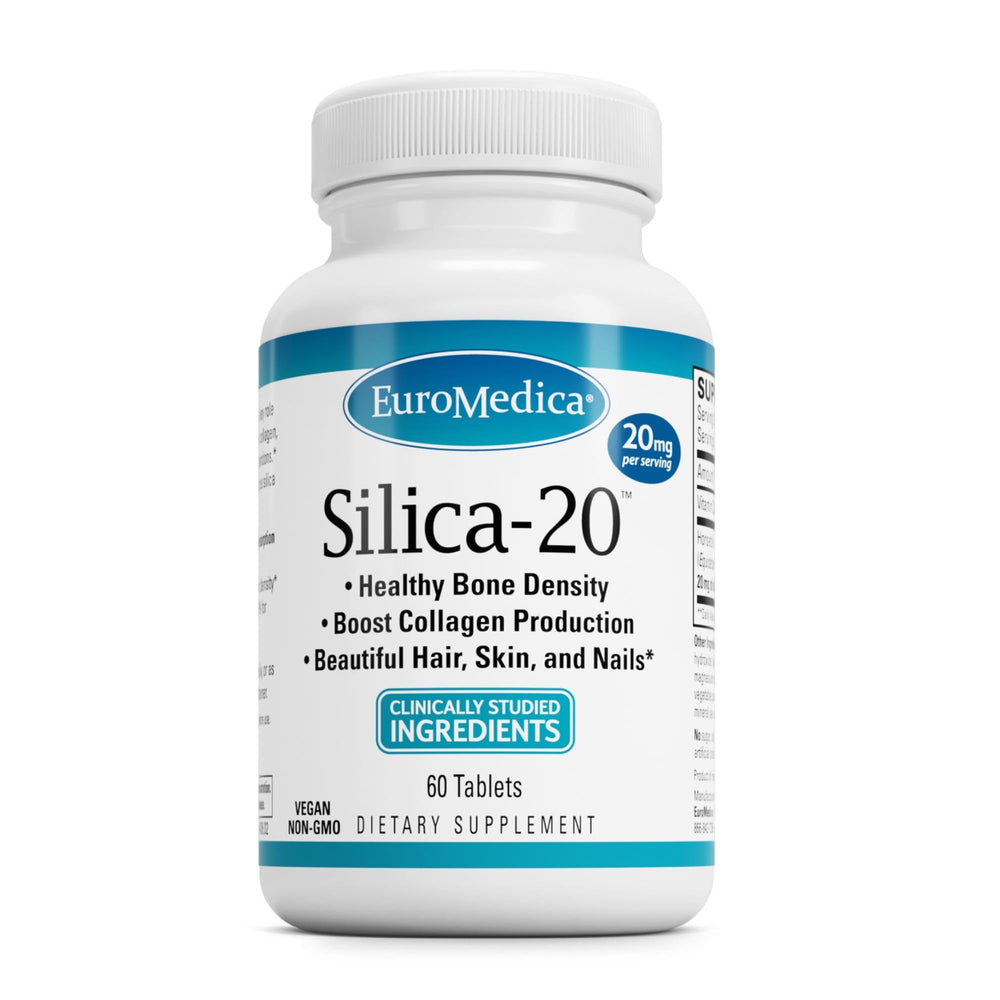 EuroMedica Silica-20 bottle front displaying tablets for bone support
